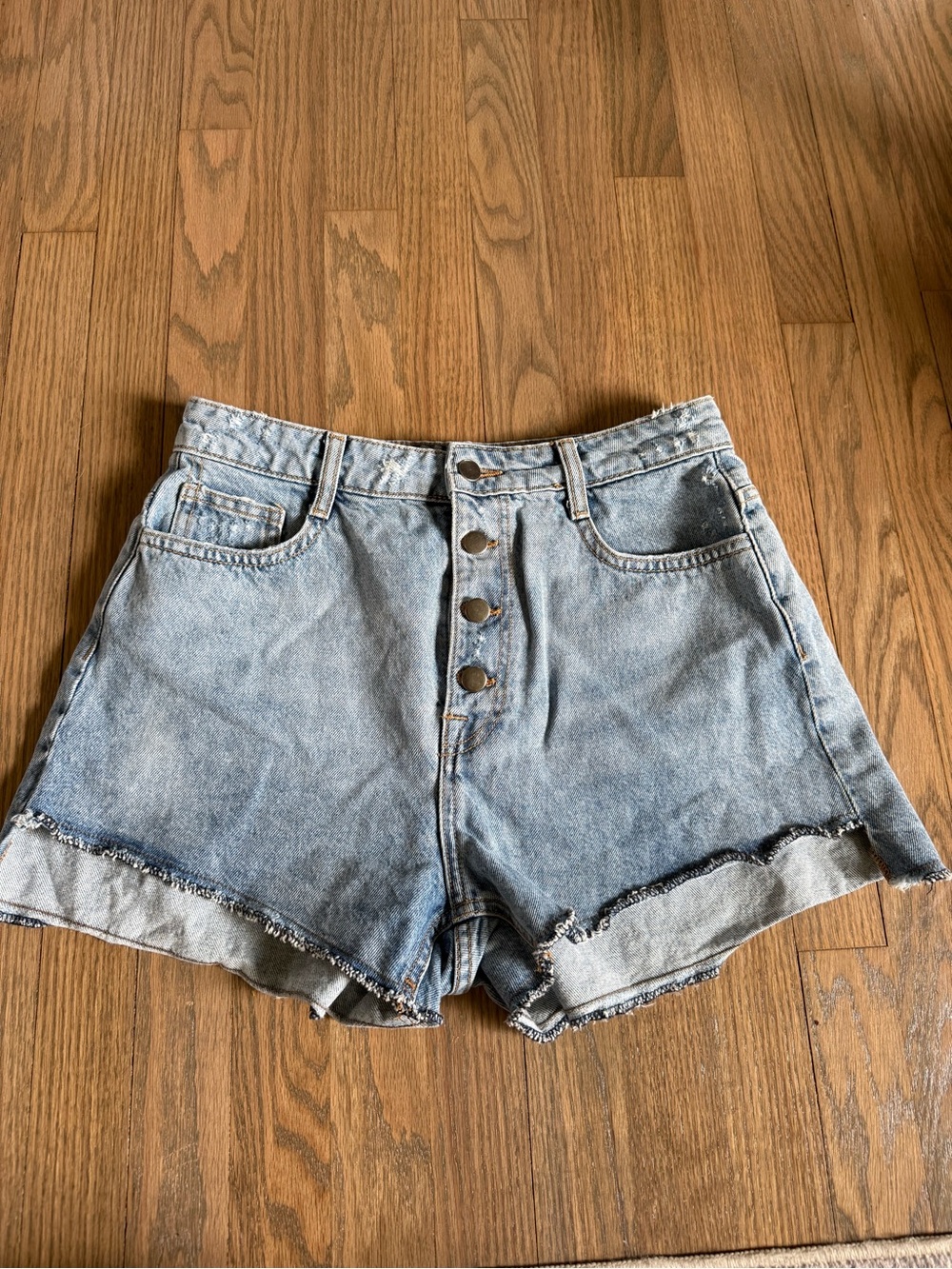 High-Rise Light Blue Denim Shorts with Button Front